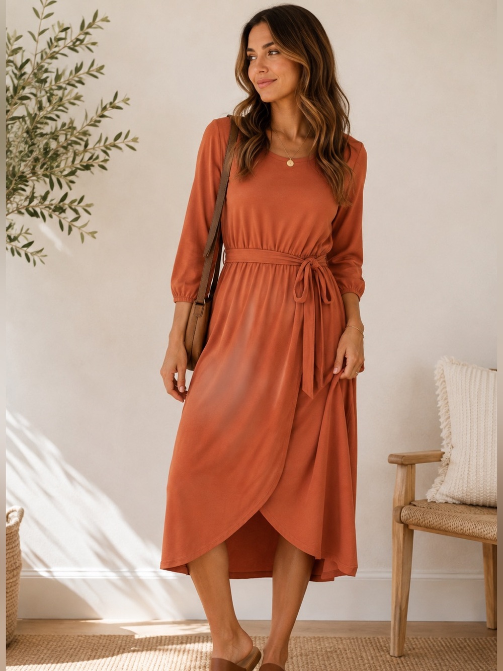 Roolee Burnt Orange Long Sleeve Midi Dress with Waist Tie